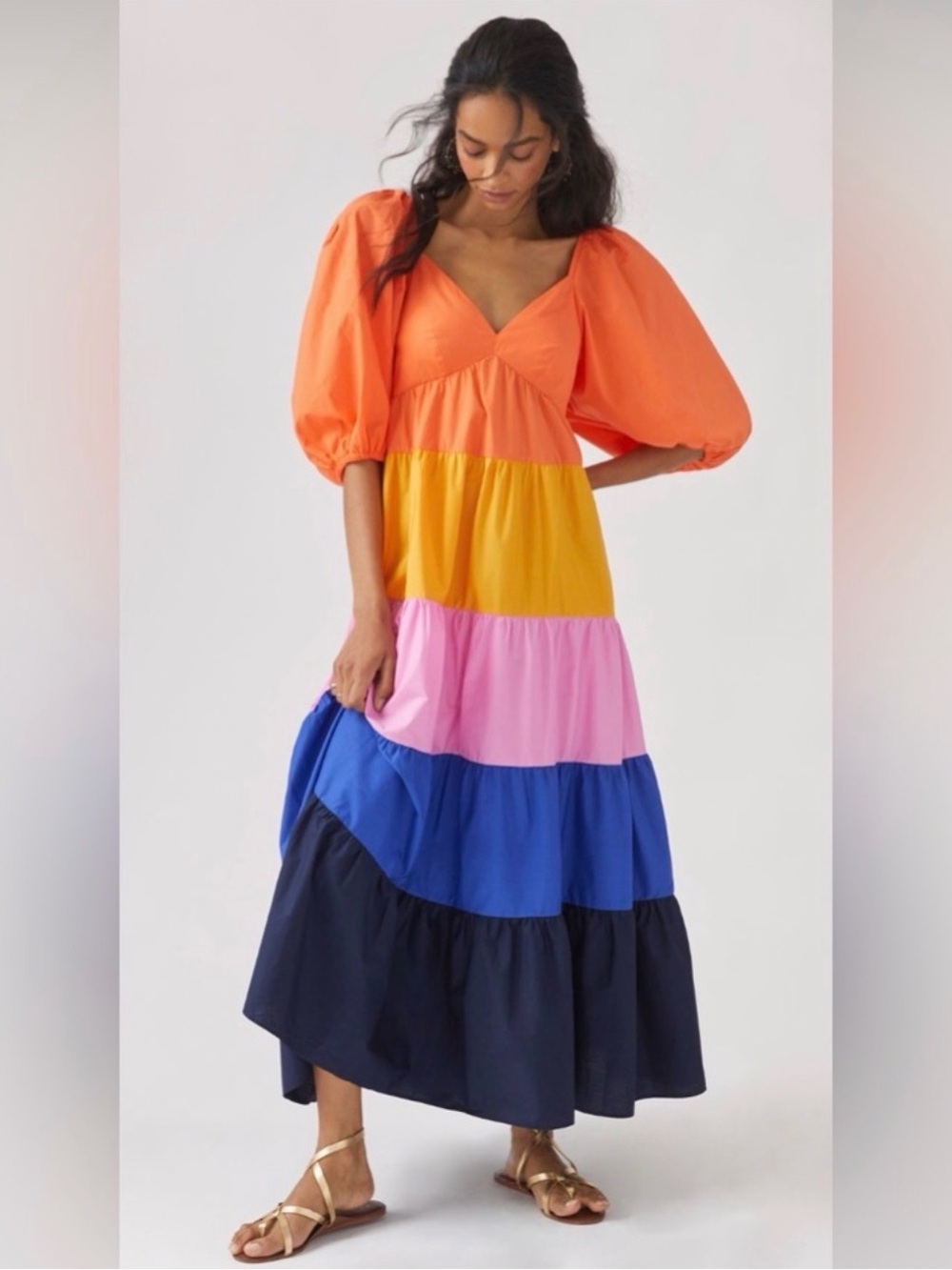 Farm Rio x Anthropologie color block square neck puff sleeve maxi dress sz M NEW